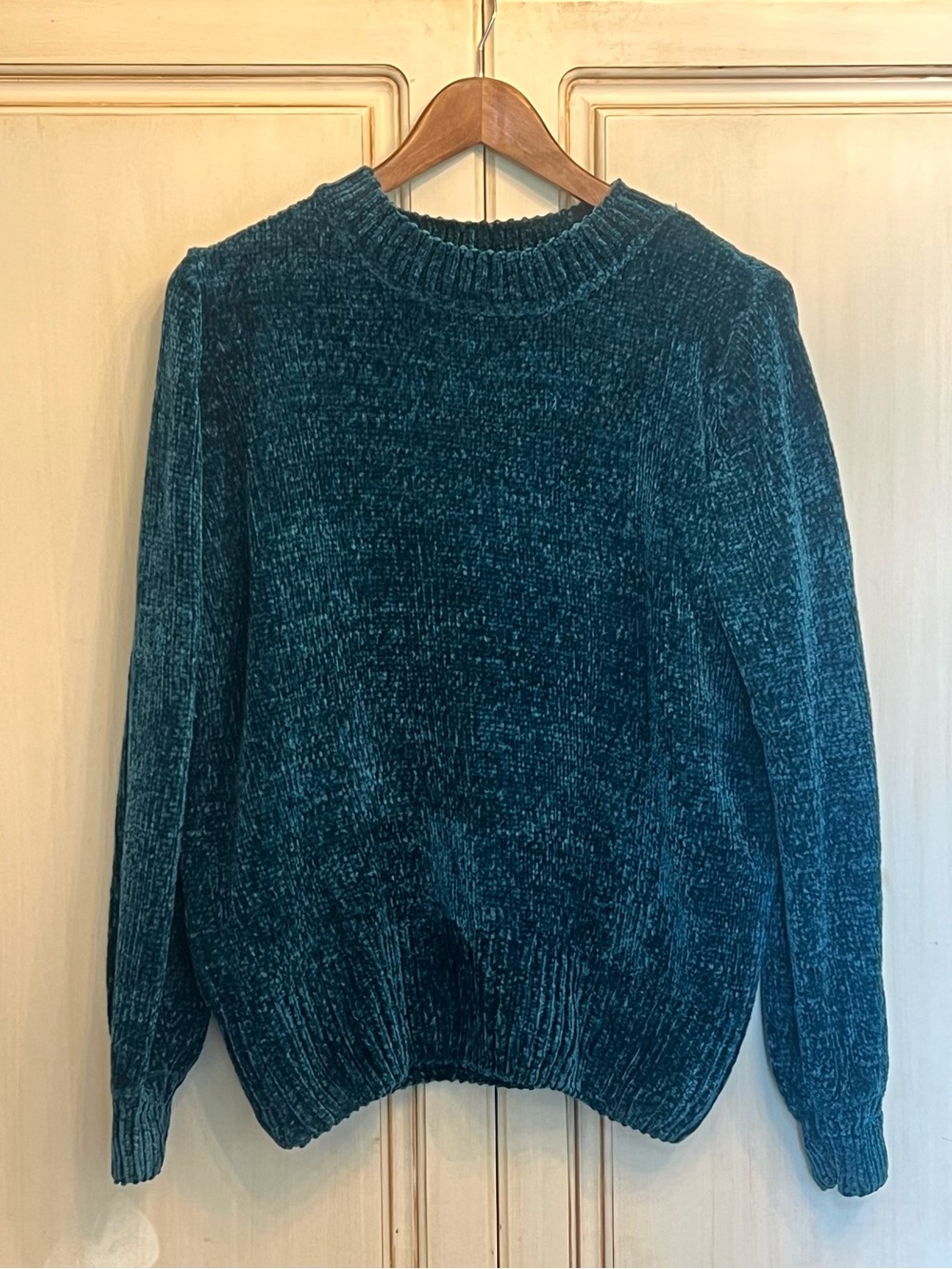 Zenana Womens XS Chenille Sweater Teal Blue Pullover Crewneck Plush Ribbed Knit